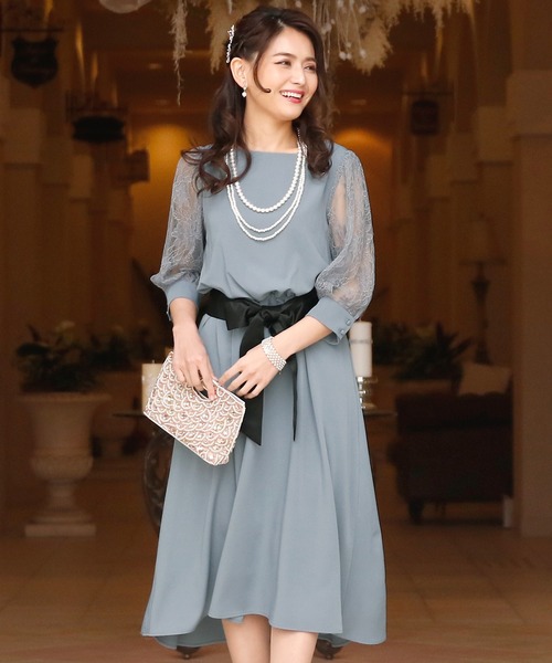 未使用級✨フォクシー プライベートノアール ワンピースドレス グレー 38 プールヴー PourVous ミモレ丈&七分袖フォーマルフィッシュテール