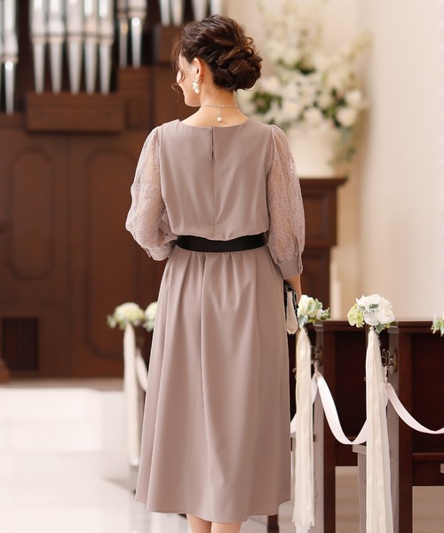 PourVous ドレス 結婚式ワンピースドレスミモレ丈と七分袖