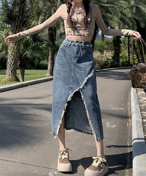 【GRANCY】フリンジデザイン デニム スカート GRANCY】Fringedesign Denim Skirt / フリンジデザイン デニム
