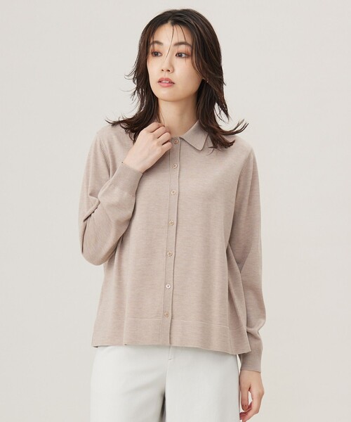 カーディガン 「洗える」WORSTED WOOL BLEND ポロ襟付き カーディガン レディース カーディガン 「洗える」WORSTED WOOL BLEND ポロ襟付き