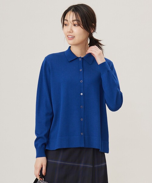 カーディガン 「洗える」WORSTED WOOL BLEND ポロ襟付き