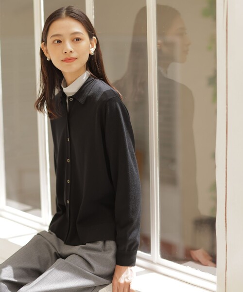 カーディガン 「洗える」WORSTED WOOL BLEND ポロ襟付き カーディガン レディース カーディガン 「洗える」WORSTED WOOL BLEND ポロ襟付き