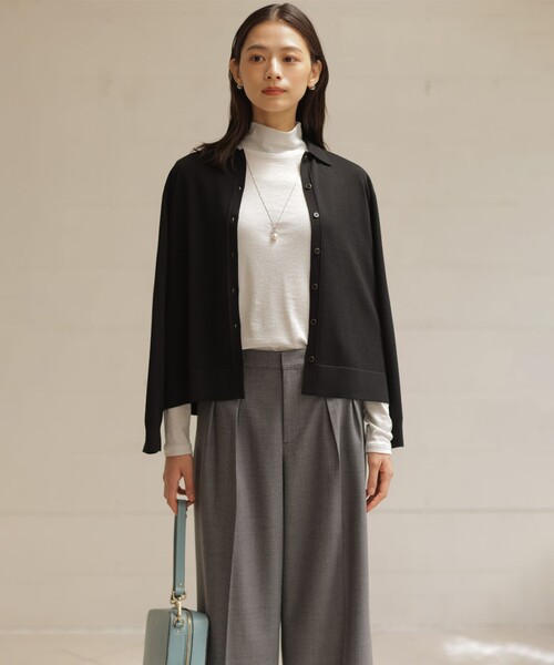 カーディガン 「洗える」WORSTED WOOL BLEND ポロ襟付き カーディガン レディース カーディガン 「洗える」WORSTED WOOL BLEND ポロ襟付き