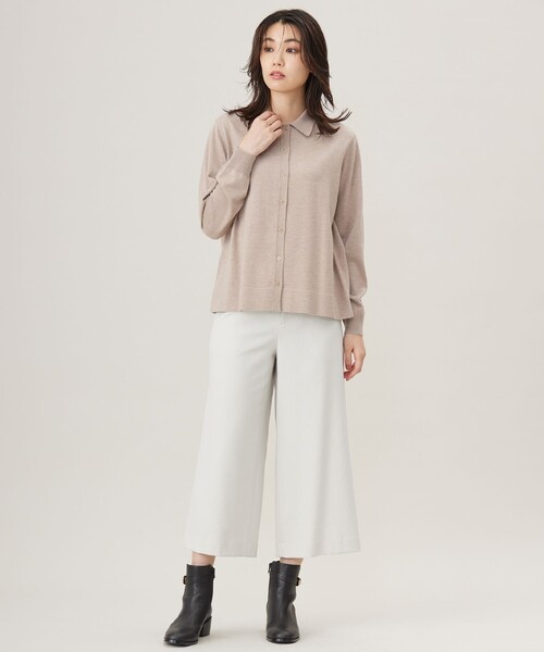 カーディガン 「洗える」WORSTED WOOL BLEND ポロ襟付き