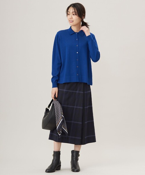 カーディガン 「洗える」WORSTED WOOL BLEND ポロ襟付き