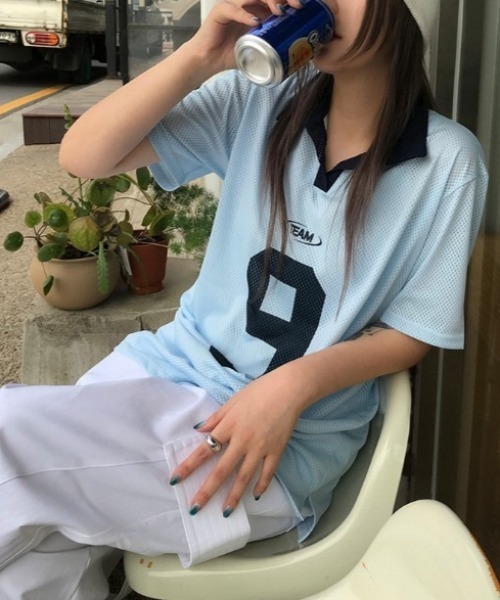 tシャツ メッシュナンバリング襟付きトップス「洗濯機で洗える