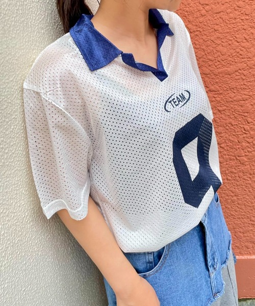 tシャツ メッシュナンバリング襟付きトップス「洗濯機で洗える