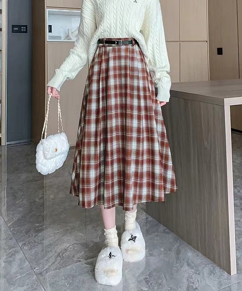 スカート Chiina/ チェック プリーツ Aライン ロングスカート 