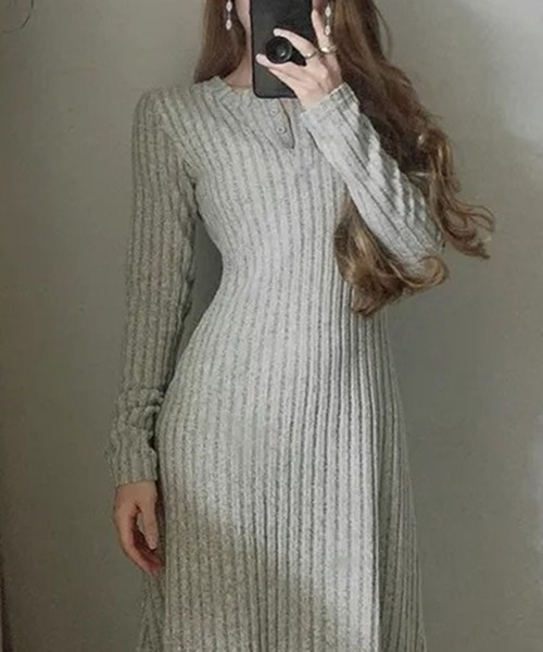 leune（ルネ） ワンピース ヘンリーネックリブニットロングワンピース