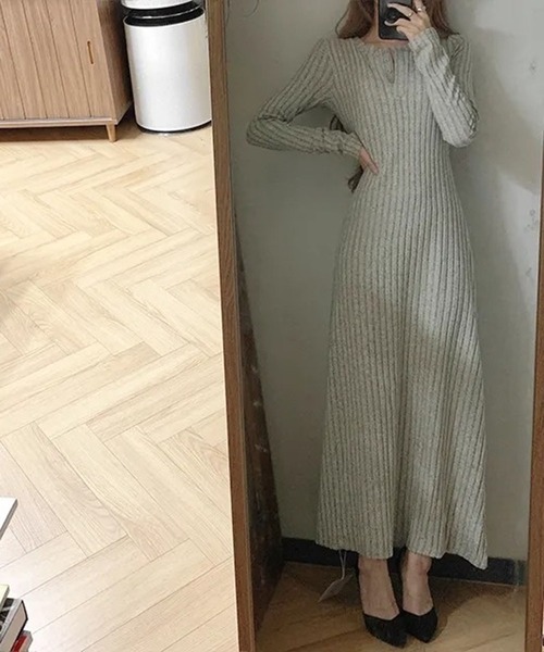 leune（ルネ） ワンピース ヘンリーネックリブニットロングワンピース