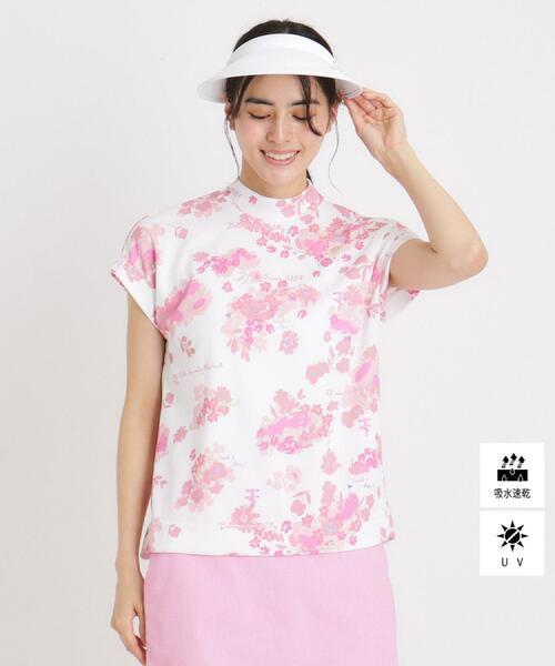 tシャツ UVカット/吸水速乾 フラワープリントモックネックT レディース
