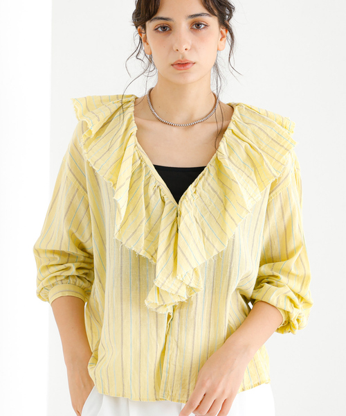 ブラウス シャツ 「Le Melange/ル・メランジュ」ラッフルリネンブラウス / 無地 / ストライプ「WEB限定」 レディース