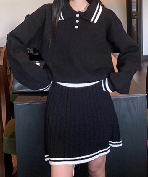 スカート セットアップ 配色ラインポロサマーニット プリーツスカート