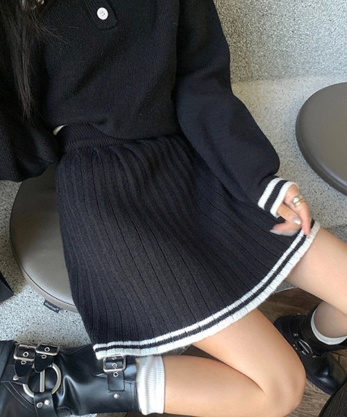 スカート セットアップ 配色ラインポロサマーニット プリーツスカート