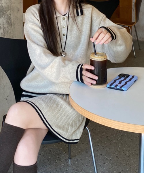 スカート セットアップ 配色ラインポロサマーニット プリーツ