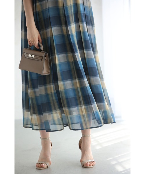 cawaii ワンピース 流線タックの涼やかチェックミディアムワンピース