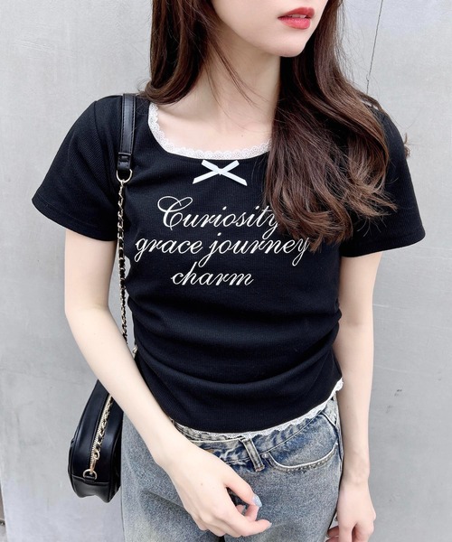 INGNI tシャツ サイドギャザーリボン付ロゴレースリブトップス