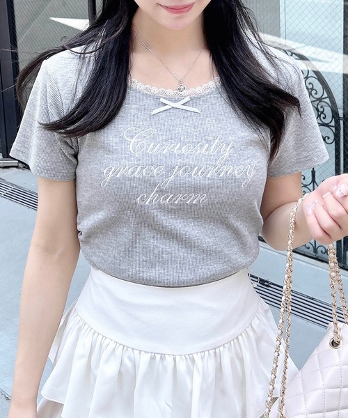 INGNI tシャツ サイドギャザーリボン付ロゴレースリブトップス