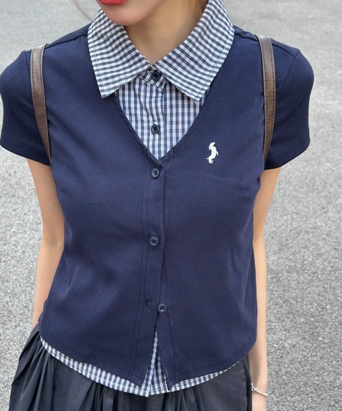 AsheKsha tシャツ 半袖 「新作」学院風 ポロ襟 セミショート 偽2重構造