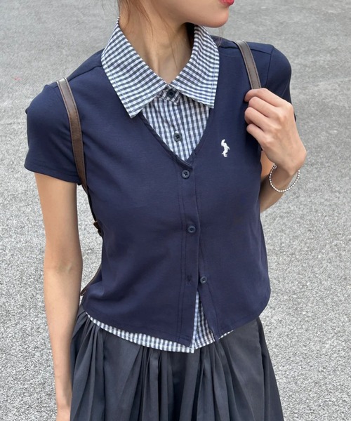 AsheKsha tシャツ 「新作」学院風 ポロ襟 セミショート 偽2重構造