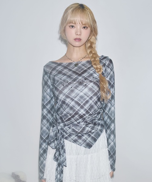 tシャツ ウエストリボン付き アシンメトリー ドレープチェックトップス レディース