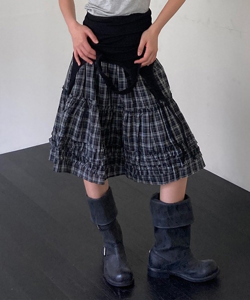 LYEON（リヨン） スカート ウエストゴムティアードフリルチェック
