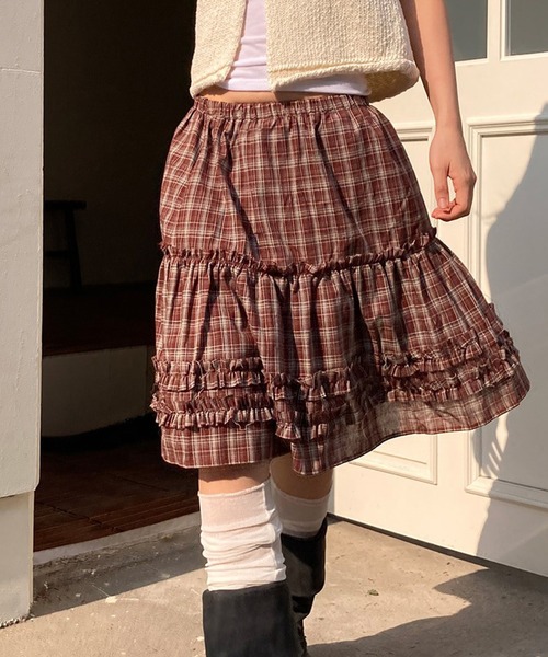 LYEON（リヨン） スカート ウエストゴムティアードフリルチェック