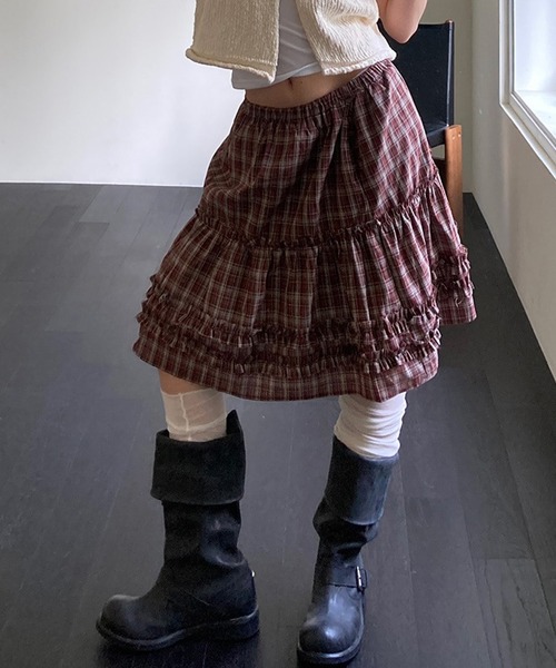 LYEON（リヨン） スカート ウエストゴムティアードフリルチェック