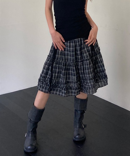 LYEON（リヨン） スカート ウエストゴムティアードフリルチェック