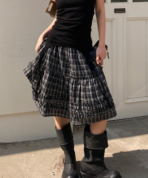LYEON（リヨン） スカート ウエストゴムティアードフリルチェック