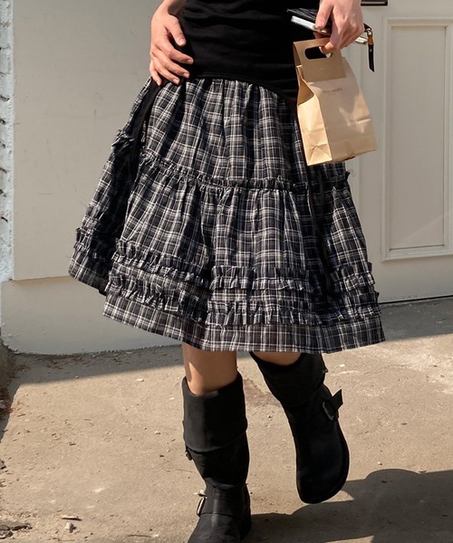 LYEON（リヨン） スカート ウエストゴムティアードフリルチェック