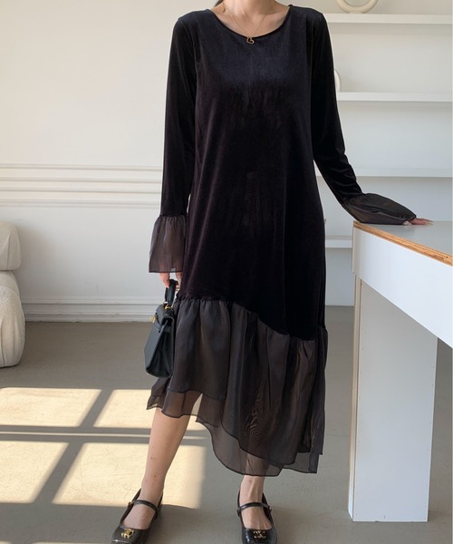Maison Calme ワンピース 「25年秋冬新作」ベロア切替オーガンジー