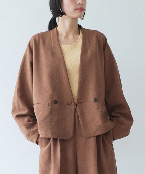 yuni ジャケット ノーカラージャケット Linen/Polyester double cocoon