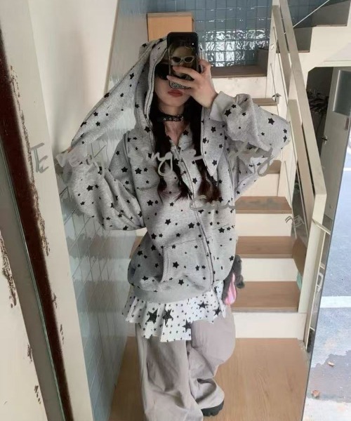 WEGO（ウィゴー） セットアップ WEGO/うさ耳星柄ジップパーカー
