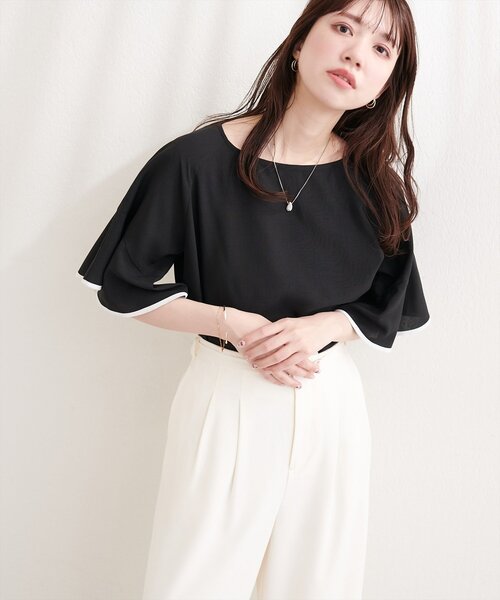natural couture ブラウス シャツ 麻調合繊ラッフルスリーブブラウス 