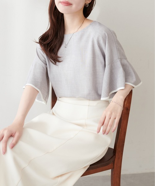 natural couture ブラウス シャツ 麻調合繊ラッフルスリーブブラウス ナチュラルクチュール 麻調合繊ラッフルスリーブブラウス
