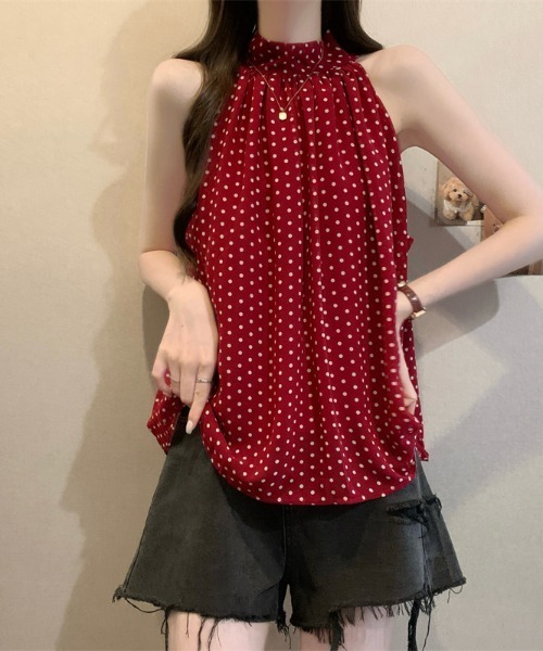 LUCPY ブラウス シャツ ドット柄ハイネックノースリーブブラウス