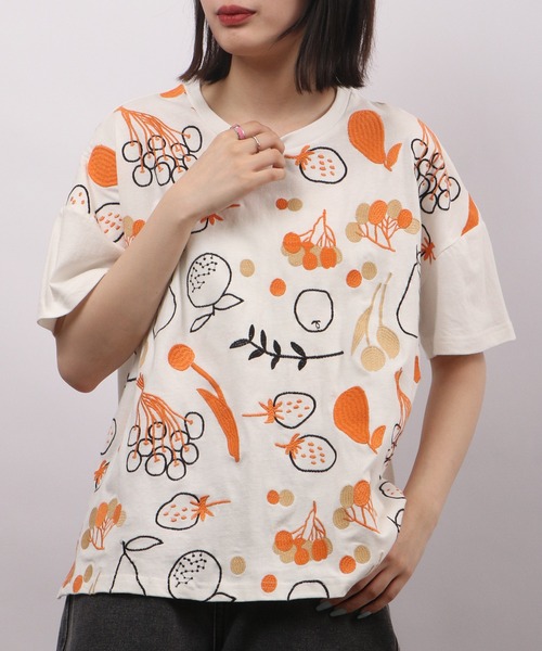 tシャツ EMAGO チェックプリント刺繍Ｔ レディース Emago tシャツ EMAGO フルーツ刺繍半袖Tシャツ レディース