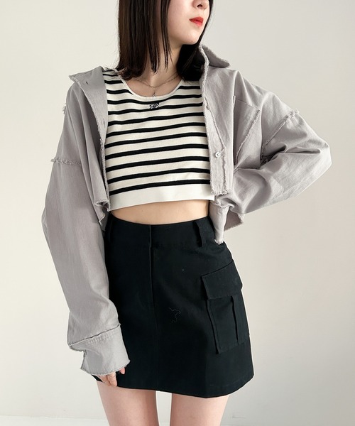 ブラウス シャツ 切りっぱシャツ レディース Heather ブラウス シャツ カットオフショートシャツ 105013