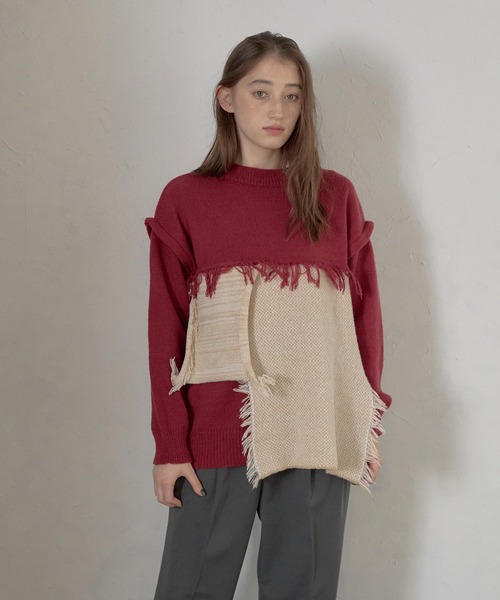 ニット セーター 「MINERTE」block fringe knit / ブロックフリンジニットプルオーバー レディース