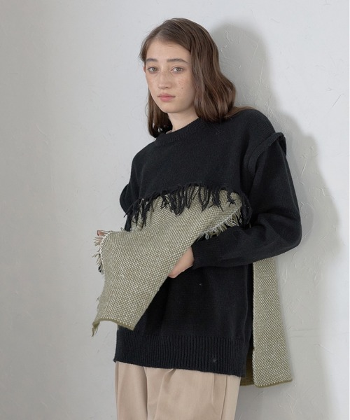ニット セーター 「MINERTE」block fringe knit / ブロックフリンジニットプルオーバー レディース MINERTE ニット セーター 「MINERTE」block fringe knit