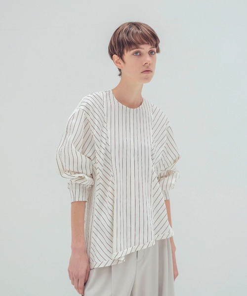 ブラウス シャツ asymmetry hem pinstripe blouse(アシンメトリーヘムピンストライプ柄ブラウス) レディース