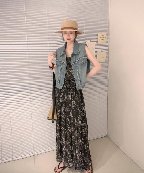 miniministore ベスト ジレ フリンジデニムベスト 襟付き