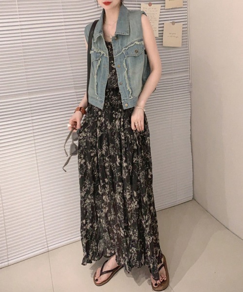 miniministore ベスト ジレ フリンジデニムベスト 襟付き