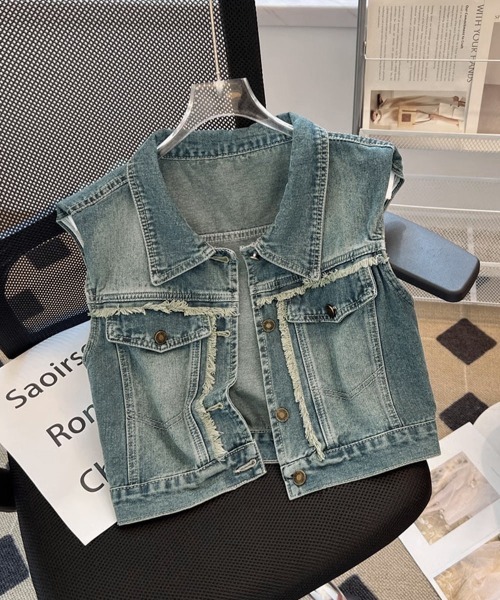 レモーネ■シャネル■フリンジ✨デニム✨ベスト■00A miniministore ベスト ジレ フリンジデニムベスト 襟付き