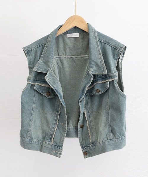 miniministore ベスト ジレ フリンジデニムベスト 襟付き