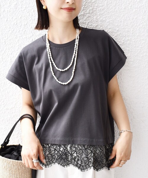 tシャツ 「WEB限定」「手洗い可能」裾 レース コンビ プルオーバー レディース