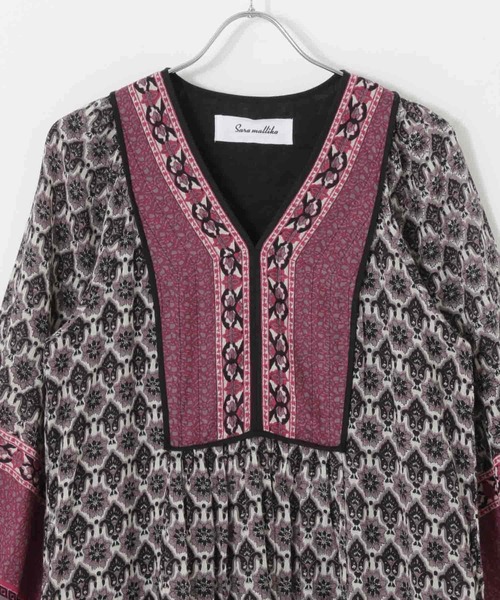 Sara Mallika 薄紫 刺繍入り長袖ワンピース Sara mallika - Vネック刺繍ワンピース（020441SC2） - Sheth