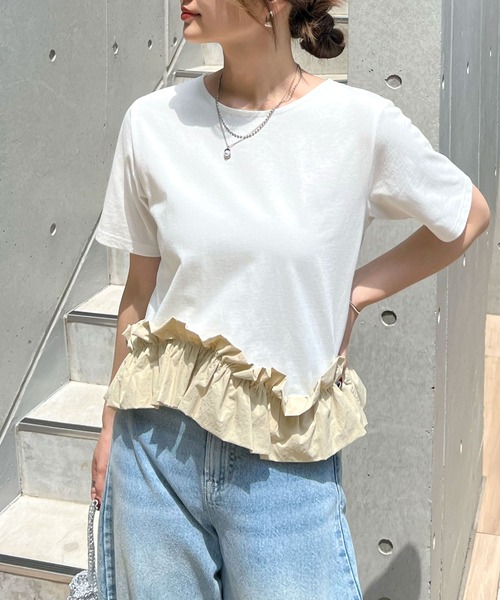 tシャツ 裾フリルプルオーバー レディース Green Parks tシャツ 裾フリルドッキング5分袖プルオーバー