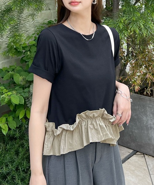 tシャツ 裾フリルプルオーバー レディース Futier Land tシャツ 裾フリル半袖プルオーバー レディース